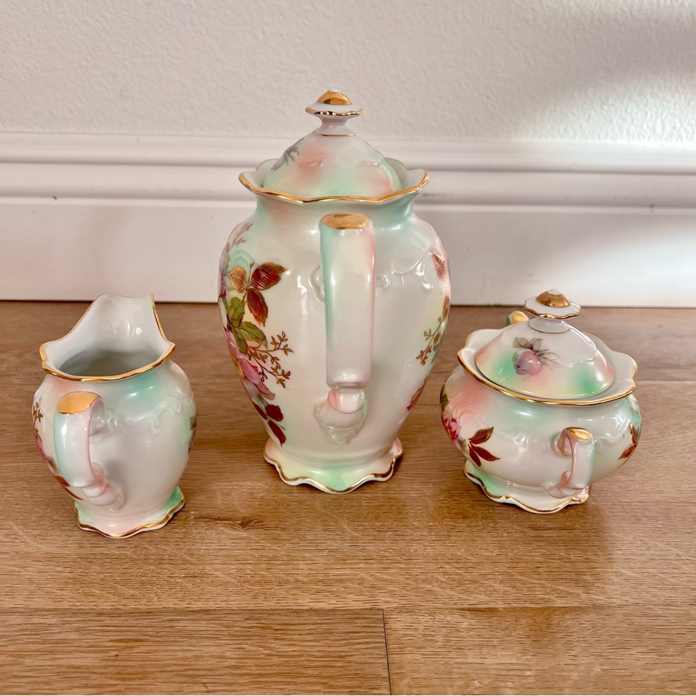 Vtg 1945’s Schumann Bavaria Wild Rose Blush Coffee Pot, Creamer, Sugar Bowl‎ Set - Picture 4 of 9